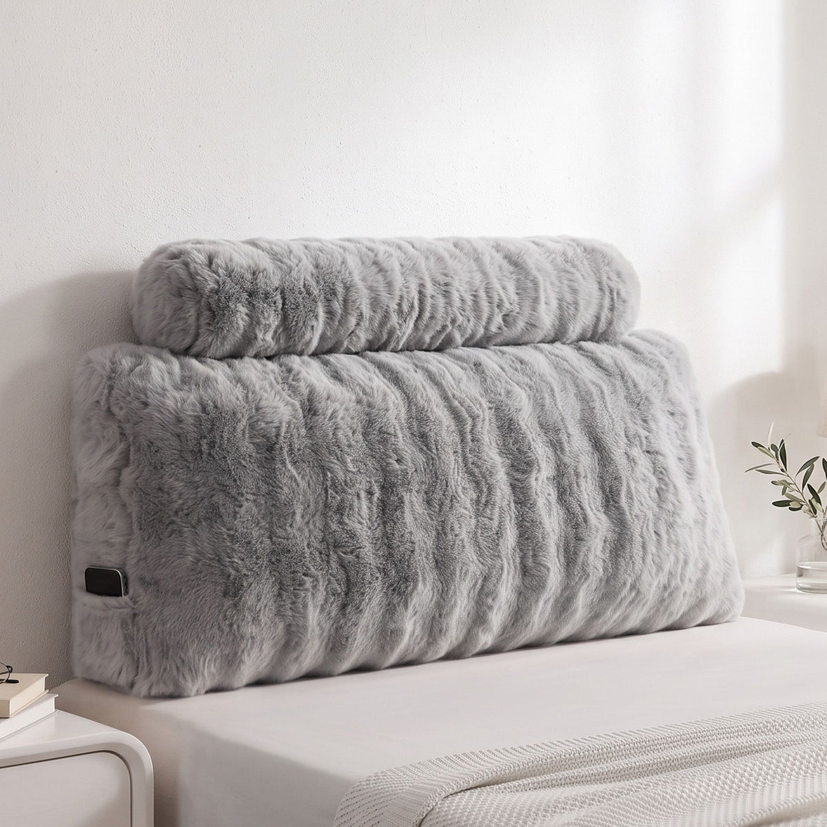 Giselle Wedge Pillow Headboard, Easy Wash Zipper Cover &amp; Anti-Flat Foam, Couch Lumbar Support for Dorm Readers, 340g Faux Rabbit Fur with Dual Pockets, King Single