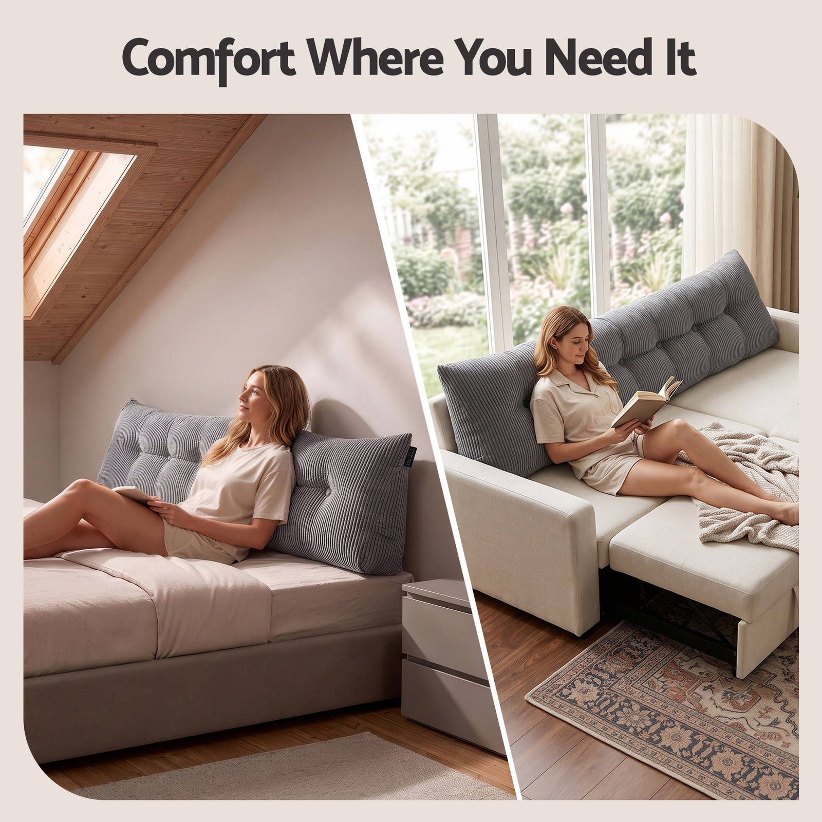 Giselle Headboard Pillow for Sitting in Bed, Upgraded Shredded Foam Reading Wedge Cushion for Lumbar Support, 320g Corduroy Backrest with Side Pockets for Dorm Daybed, King
