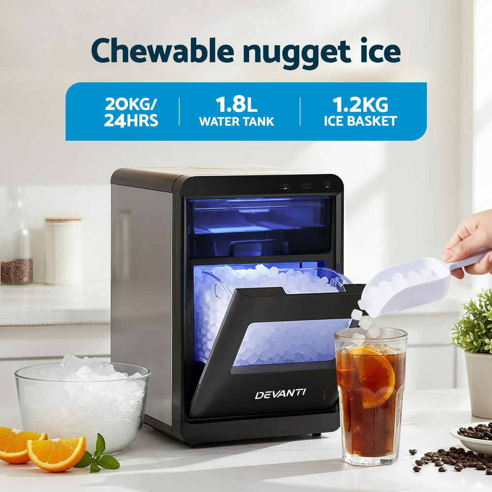 Devanti Ice Maker Machine 20kg Chewable Nugget Ice Countertop w/Self Cleaning