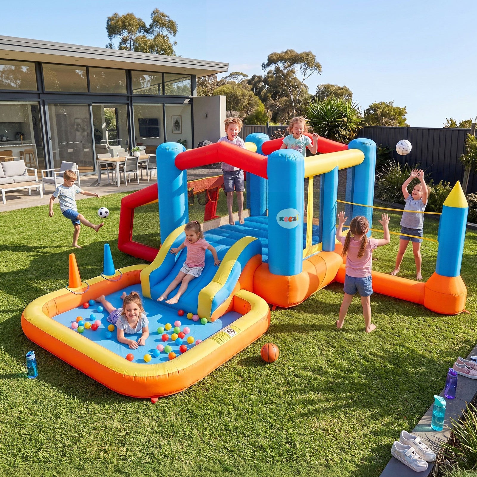 Keezi Inflatable Kids Pool Play Park Jumping Castle Volleyball Net with Blower Balls 4mx4.37m
