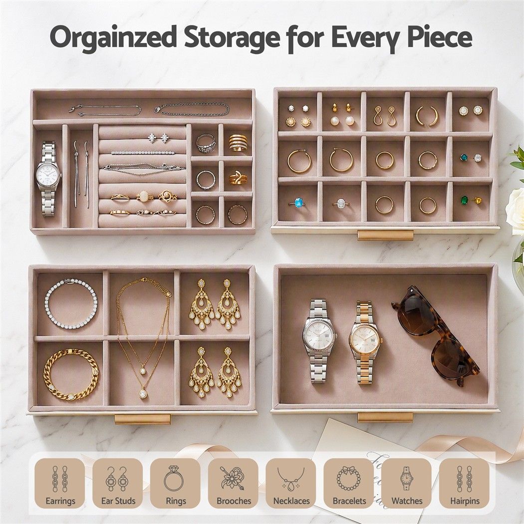 Embellir Jewellery Box 4 Layer Organiser Storage Case Glass Lid Drawers White
