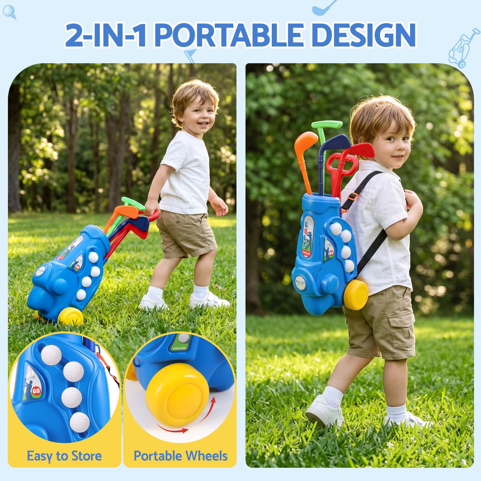 Keezi Kids Golf Set Toddler Club Set Pull Cart Indoor Outdoor Backyard Mini Toy Ages 2-6