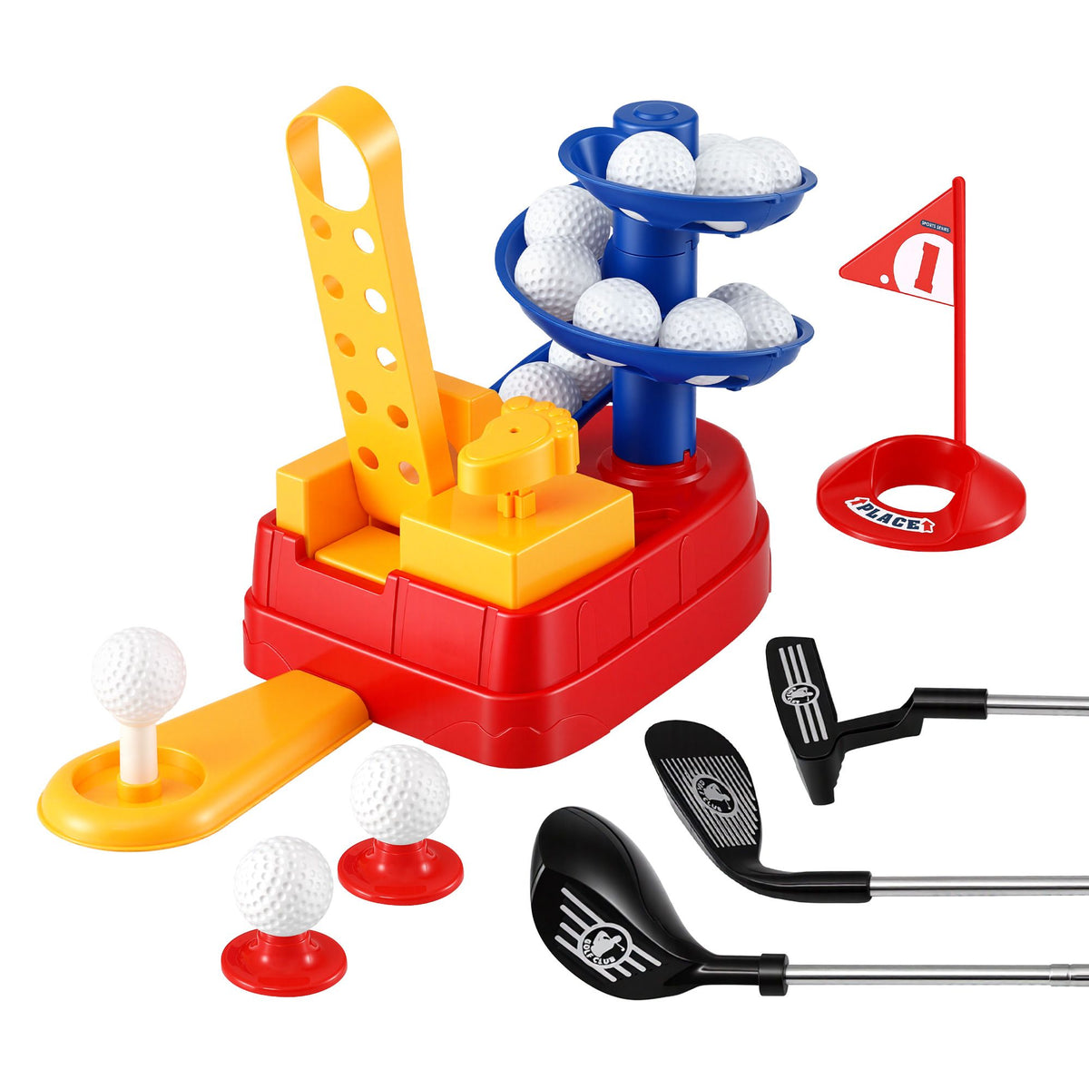 Keezi Kids Golf Toy Set with 20 Balls &amp; 3 Adjustable Clubs, Foot Pedal Ball Launcher Portable Training Toy, Indoor Outdoor Backyard Sports Game for Ages 3-8