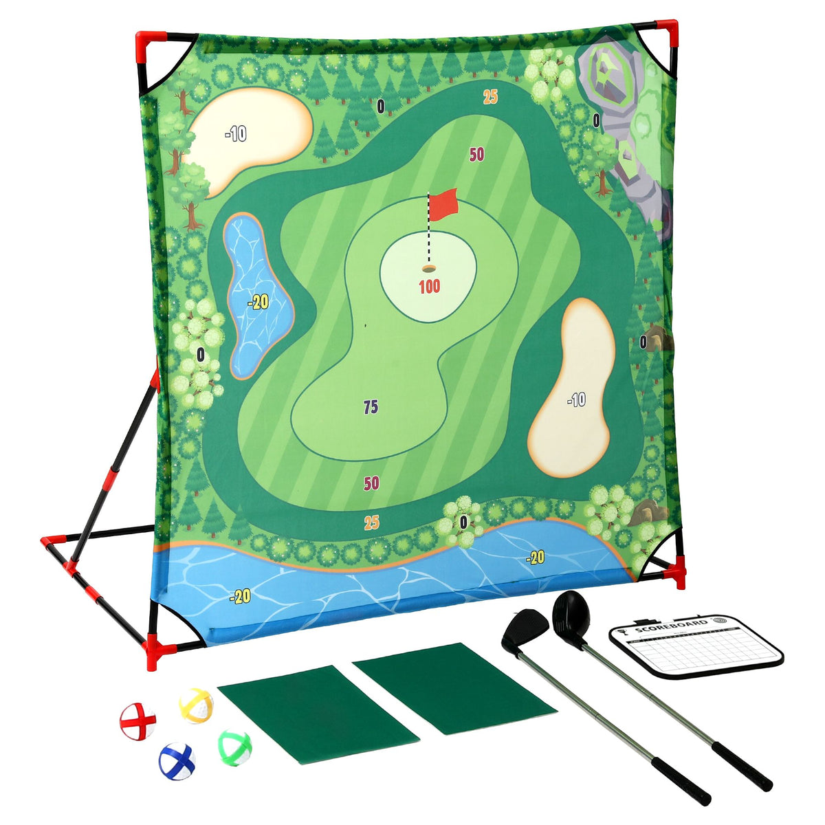 Keezi Kids Golf Chipping Game Set with Stand, 24 Sticky Balls, Adjustable Club &amp; 2 Hitting Mats for Indoor Outdoor Ages 3-12 Play