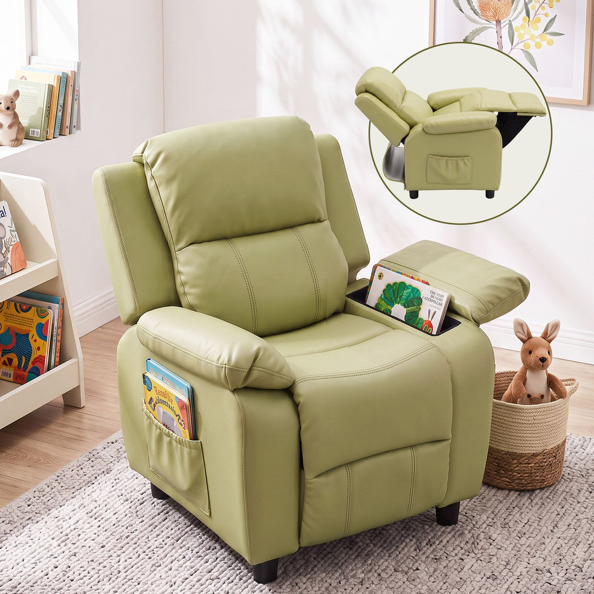 Keezi Kids Recliner Chair PU Leather Toddler Lounge Adjustable Backrest w/ Armrest Storage &amp; 2 Side Pockets Green