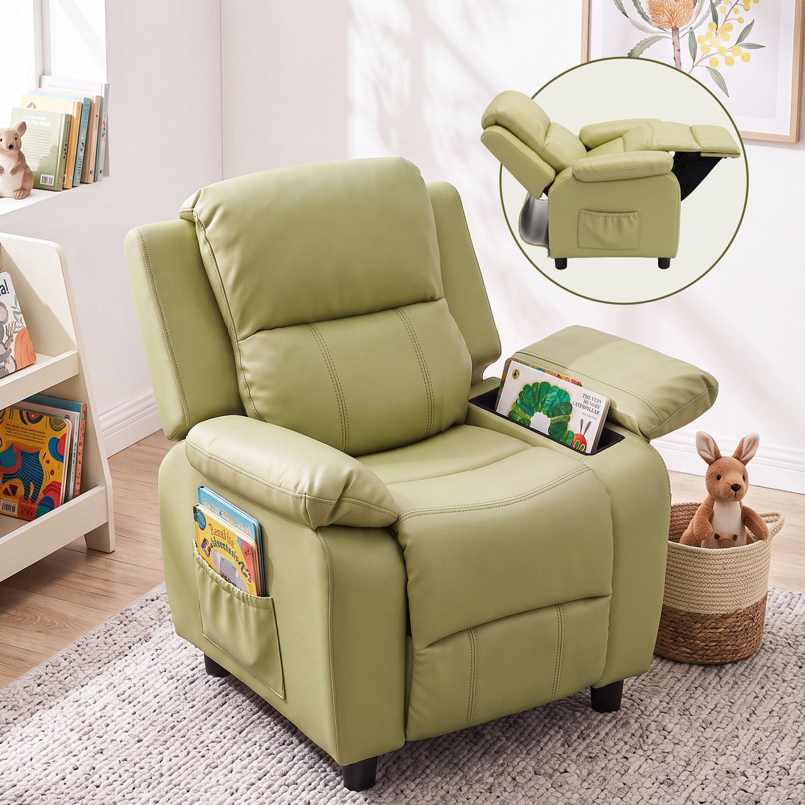 Keezi Kids Recliner Chair PU Leather Toddler Lounge Adjustable Backrest w/ Armrest Storage & 2 Side Pockets Green