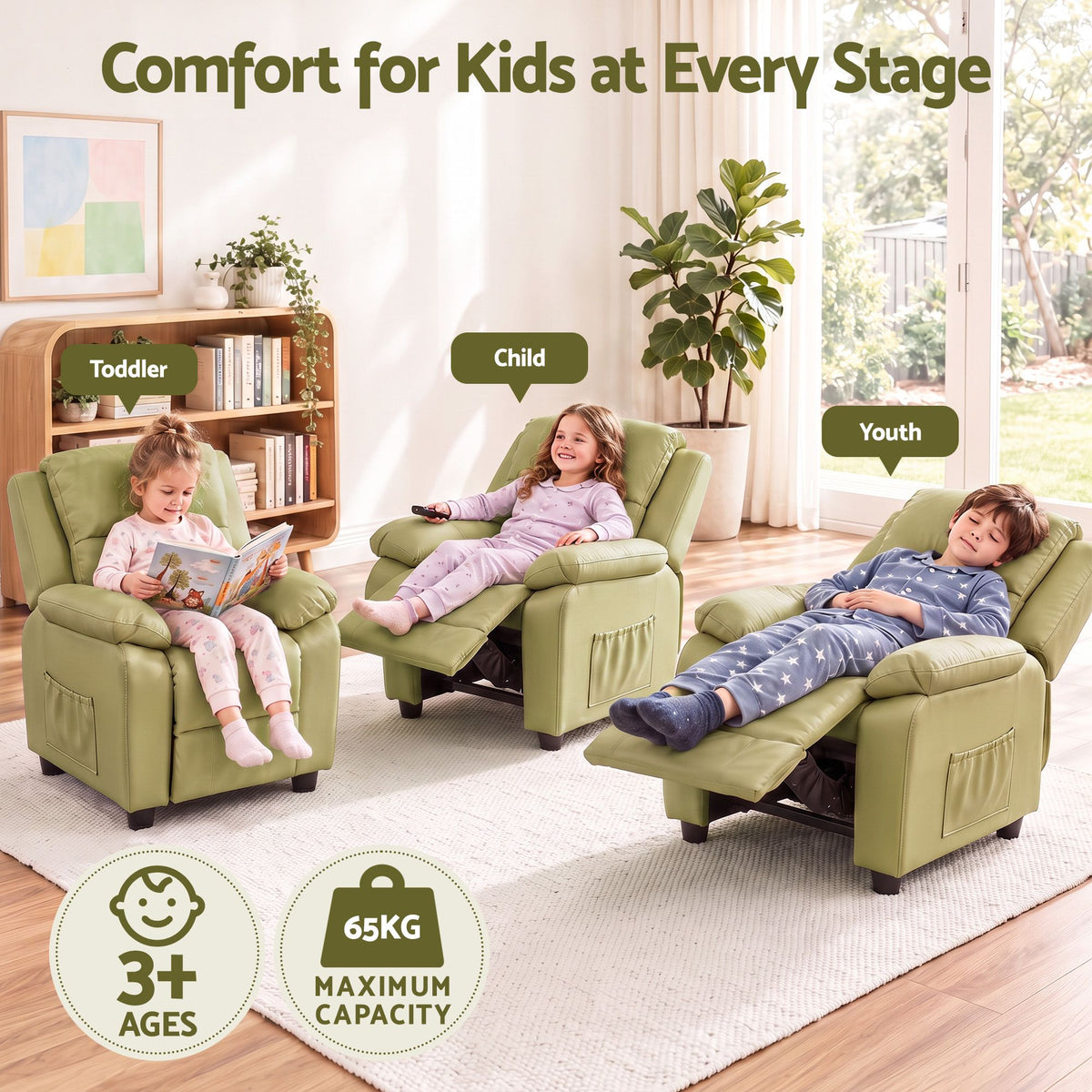 Keezi Kids Recliner Chair PU Leather Toddler Lounge Adjustable Backrest w/ Armrest Storage & 2 Side Pockets Green