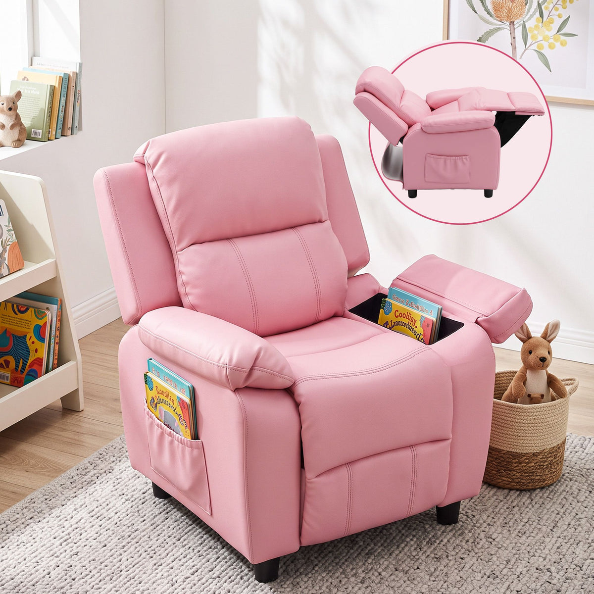 Keezi Kids Recliner Chair PU Leather Toddler Lounge Adjustable Backrest w/ Armrest Storage &amp; 2 Side Pockets Pink