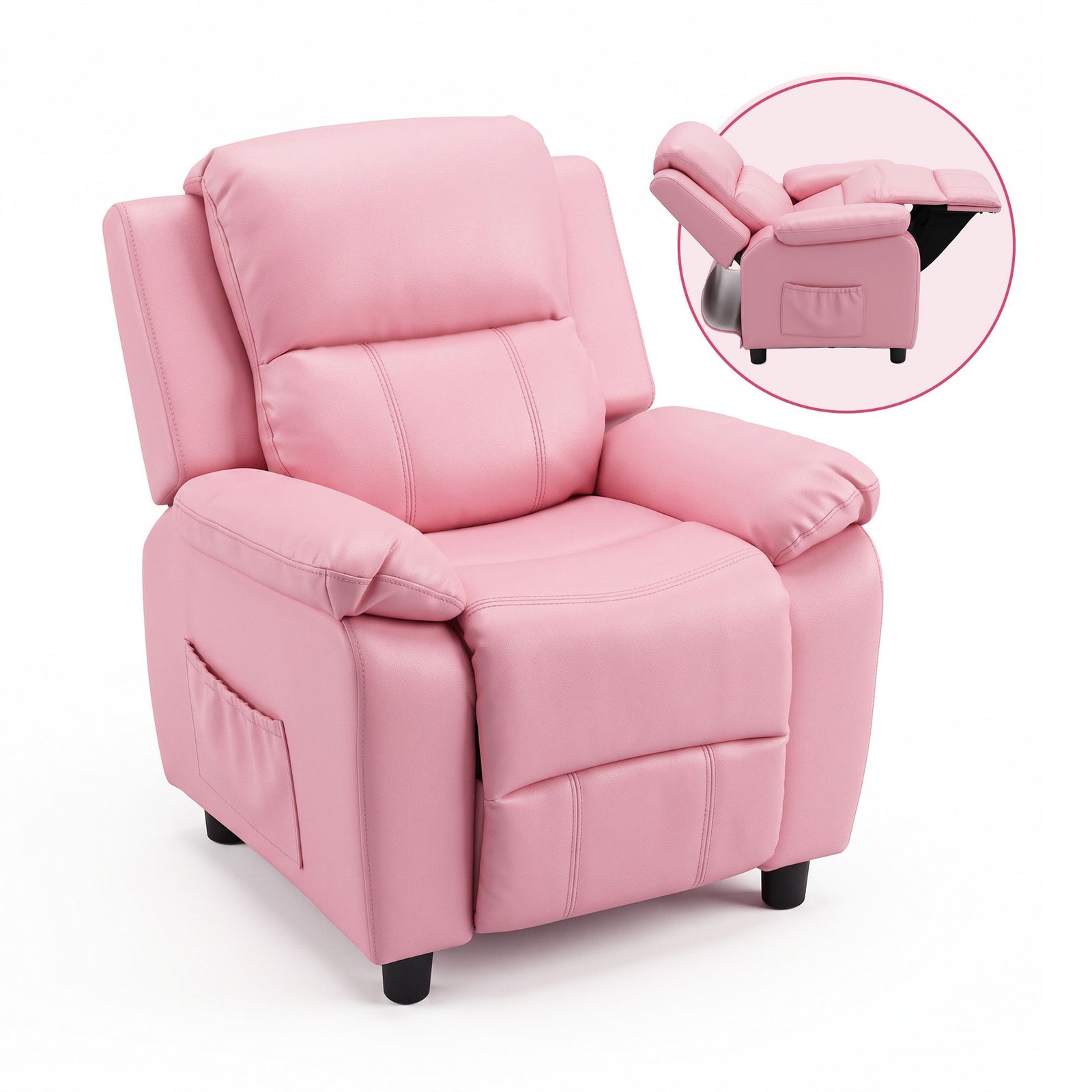 Keezi Kids Recliner Chair PU Leather Toddler Lounge Adjustable Backrest w/ Armrest Storage & 2 Side Pockets Pink