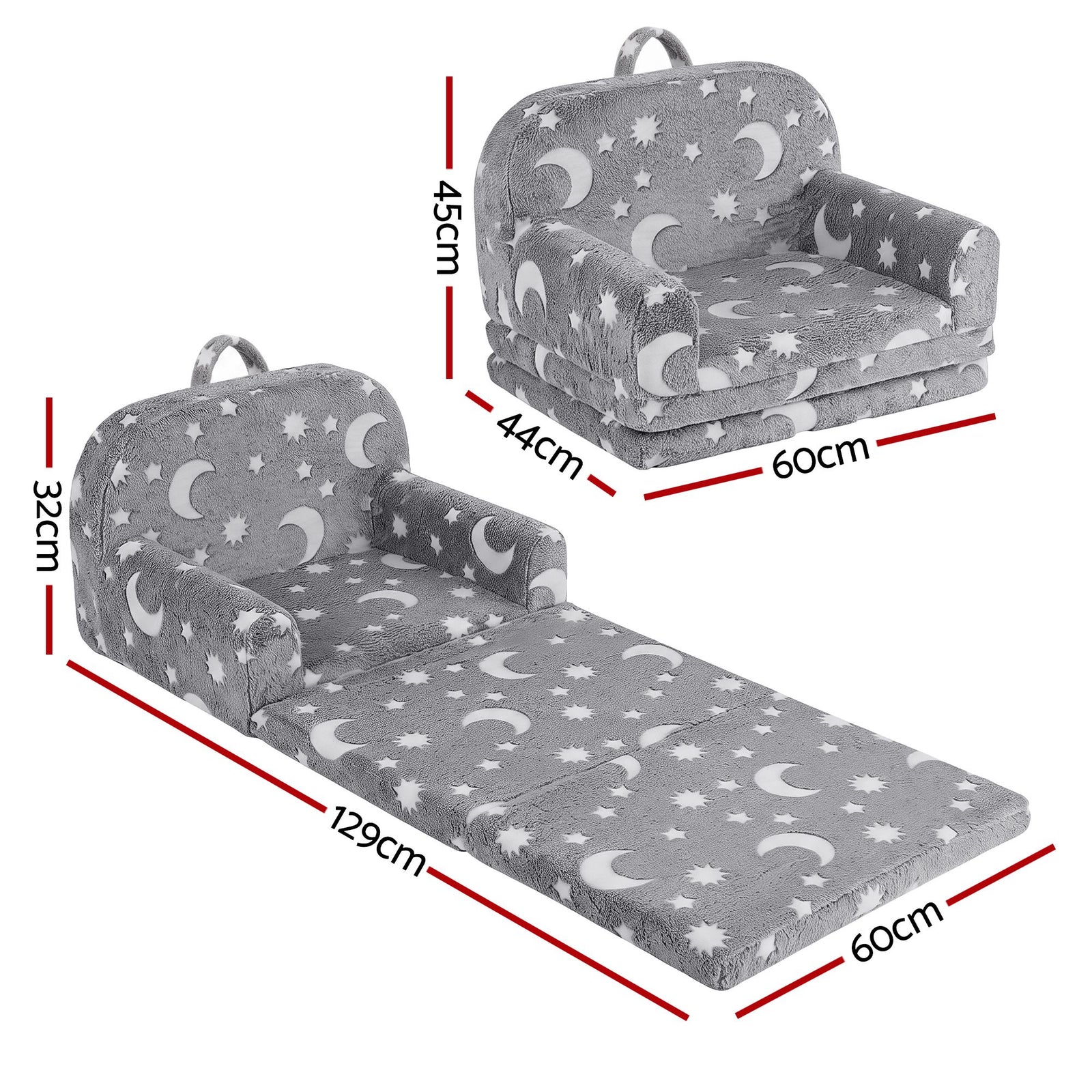 Keezi Kids 2-in-1 Fold Out Sofa Bed with Removable Washable Cover, Carry Handle, Storage Pocket, Glow in the Dark, Grey