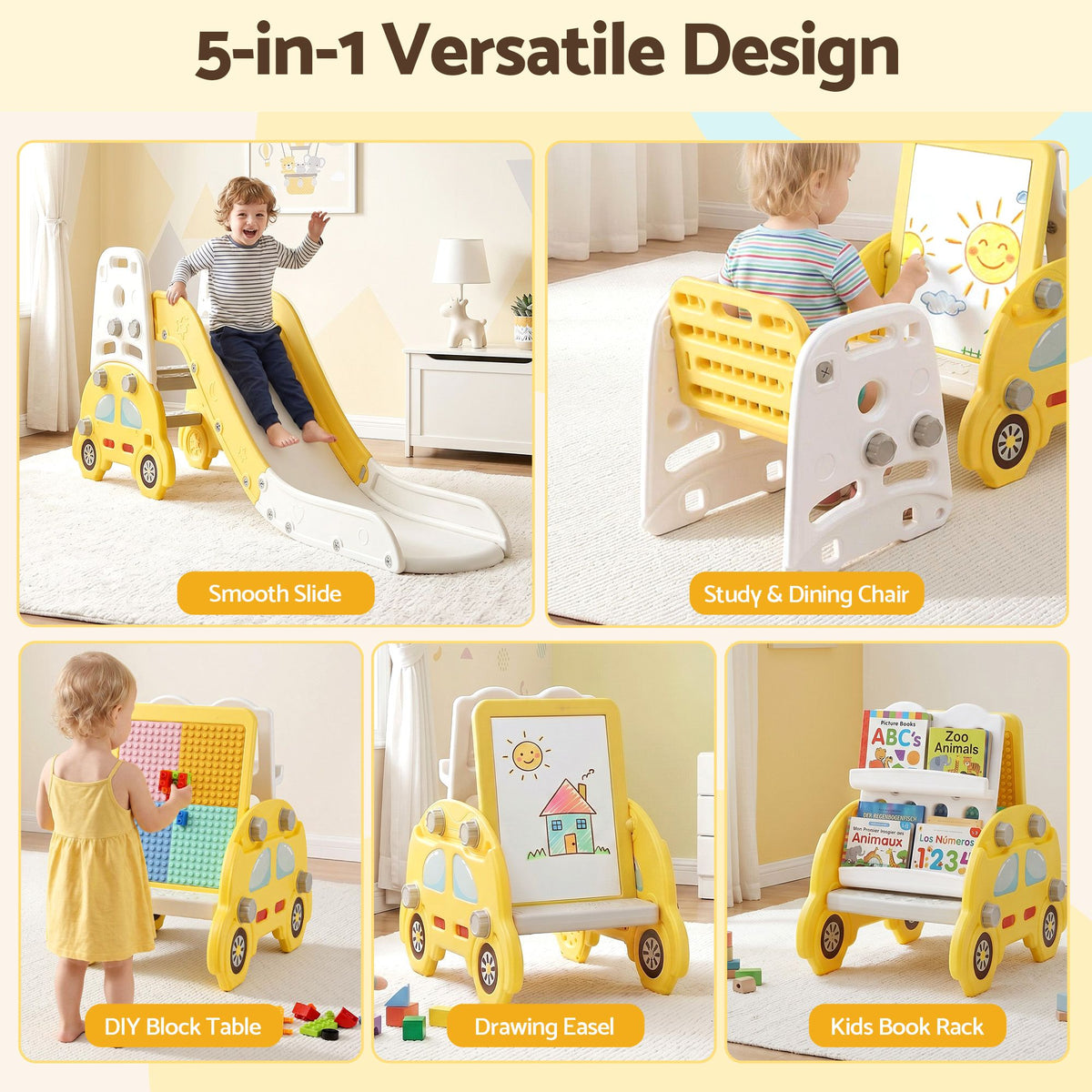 Keezi Kids Slide Set Toddler Indoor Playset Bookshelf Drawing Board Yellow