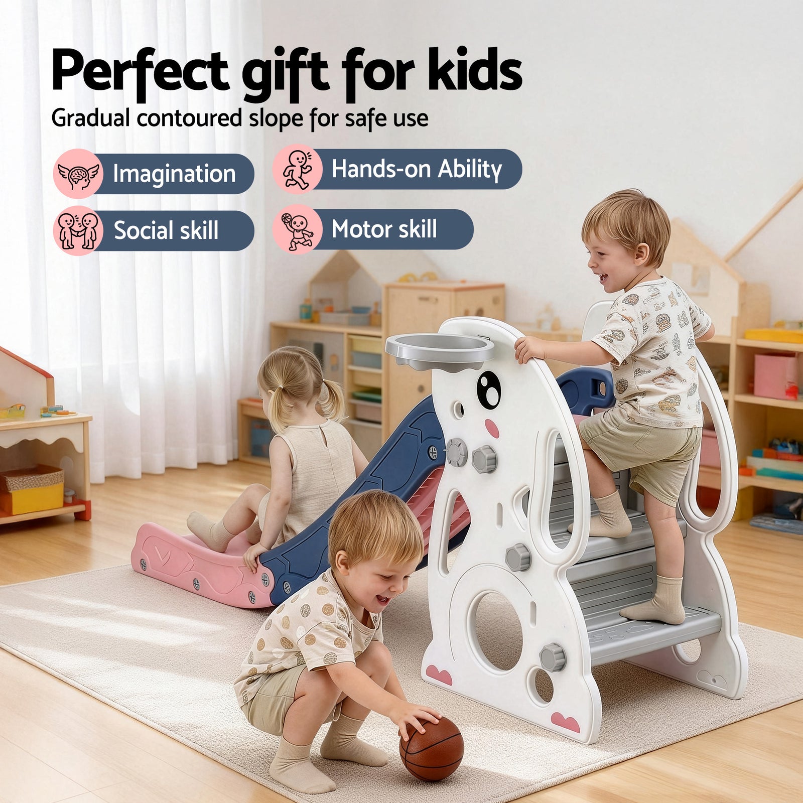 Keezi Kids Slide Set Basketball Hoop Ring Outdoor Playground Toy Rabbit 147cm