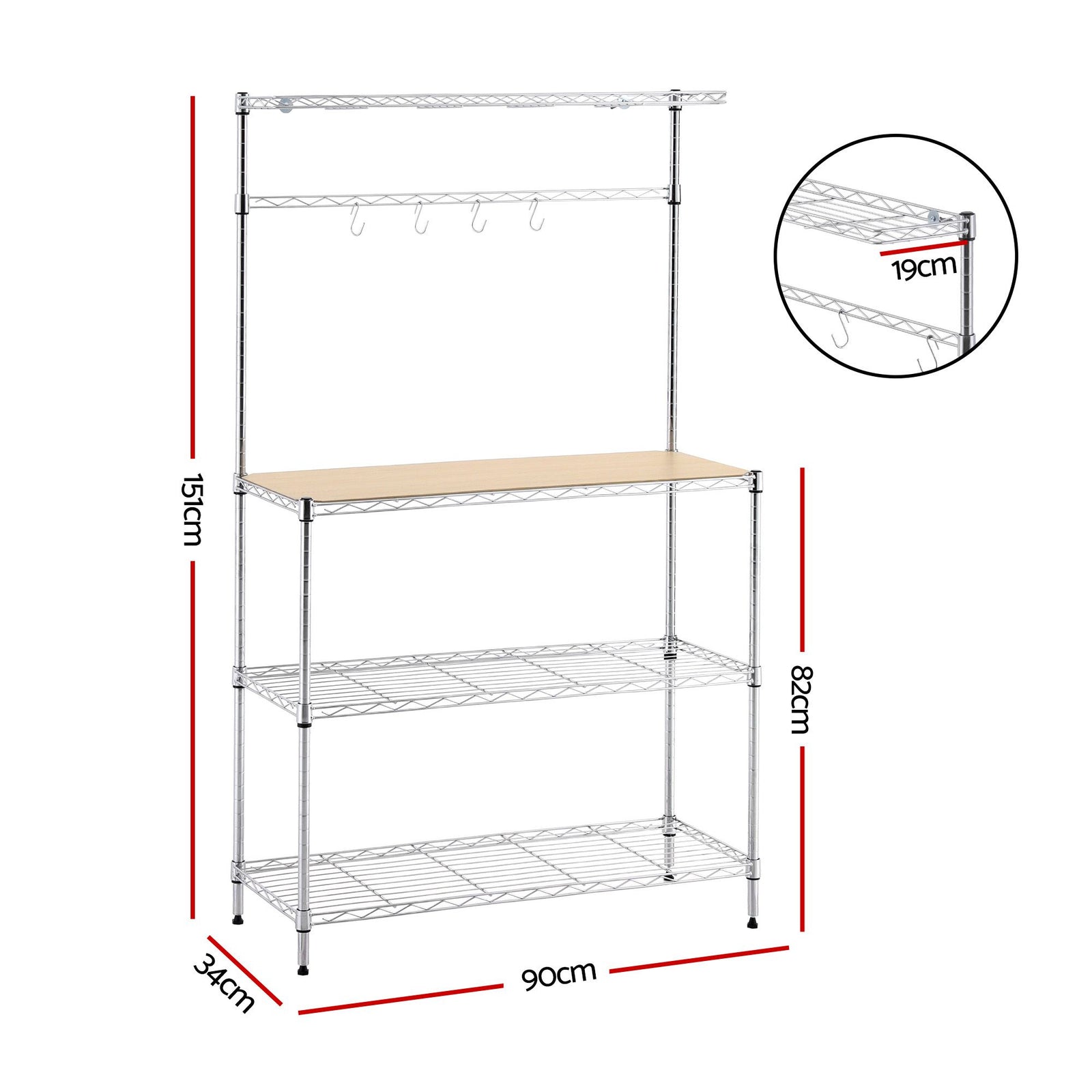 Artiss 4-Tier Metal Kitchen Rack Shelf Silver Storage Shelves Organizer Microwave Stand 90cmx151cm