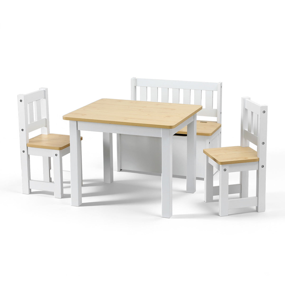 Keezi 2 in 1 Kids Table and Chair Set, Activity Table with Storage Bench and 2 Chairs for Reading, Drawing, Writing, Snack Time &amp; Arts Crafts, 4 PCS Toddler Table and Chair Set, Natural
