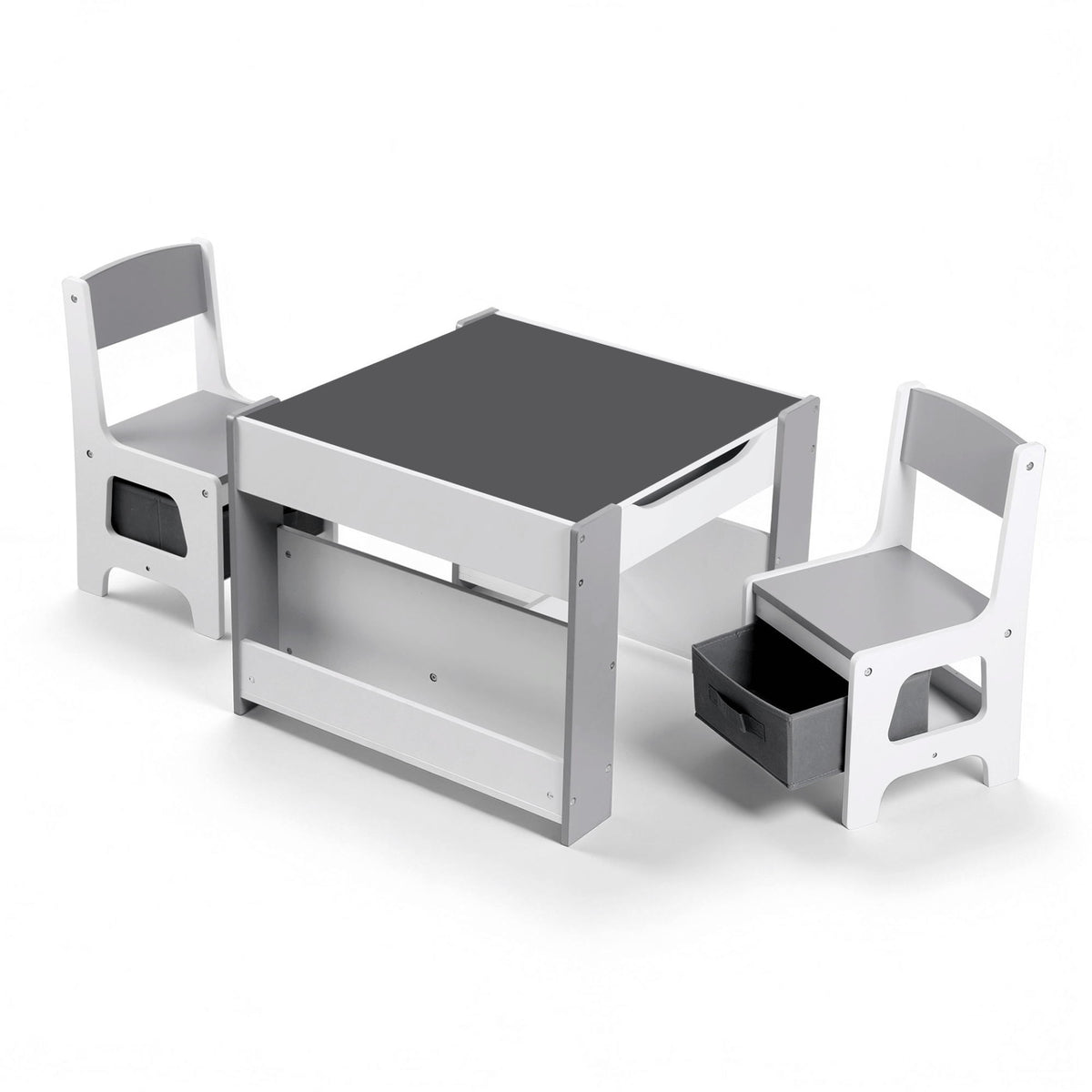 Keezi Kids Table and Chair Set, 4 in 1 Wooden Activity Table with Bookcase, Storage Box and Detachable Blackboard, Toddler Table and 2 Chairs Set, Grey