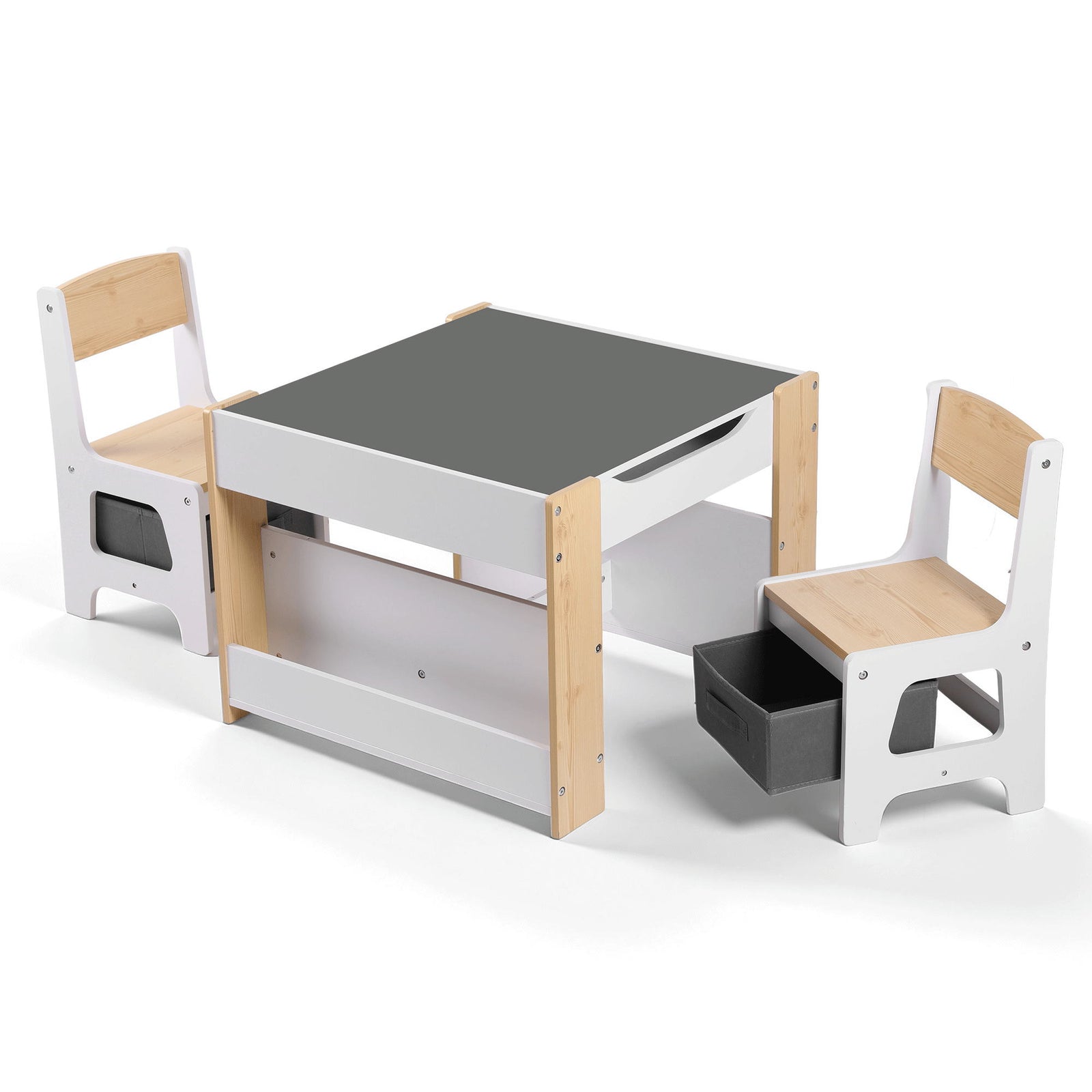 Keezi Kids Table and Chair Set, 4 in 1 Wooden Activity Table with Bookcase, Storage Box and Detachable Blackboard, Toddler Table and 2 Chairs Set, Natural