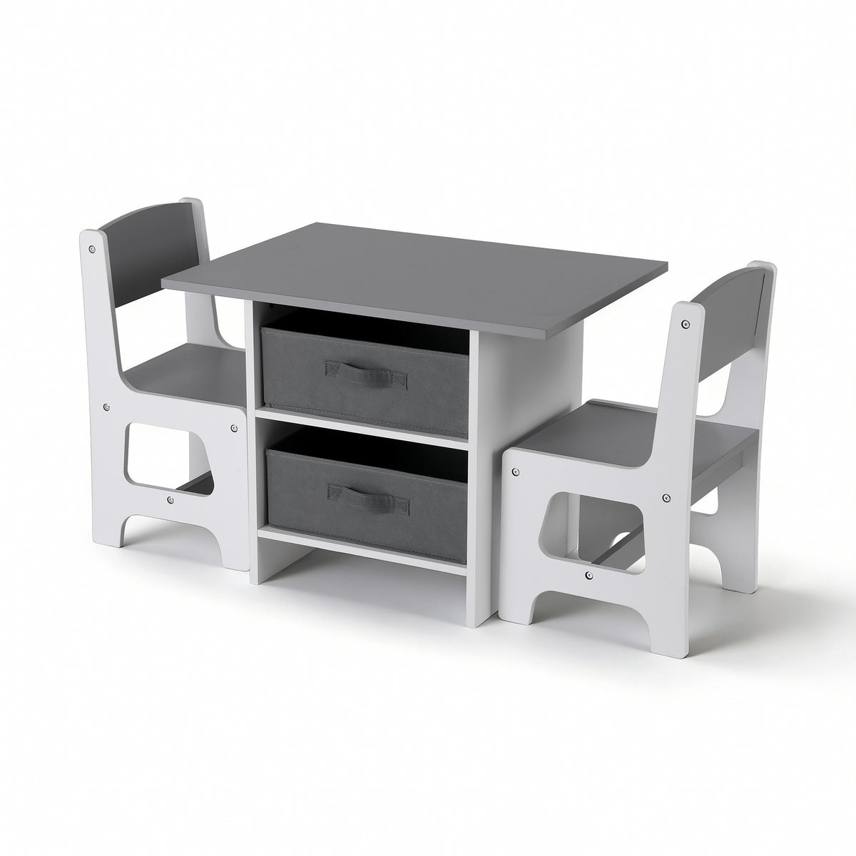 Keezi Kids Table and 2 Chairs Set Wooden Activity Table wit 2 Storage Drawers, Toddler Table and Chair Set for Children Drawing, Reading, Crafts, Eating, Grey