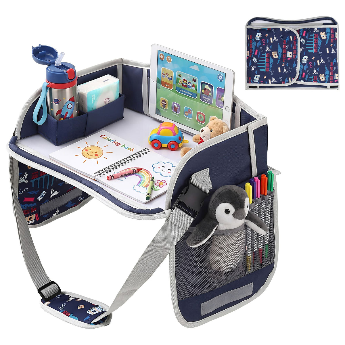 Keezi Kids Travel Tray Car Seat Lap Desk Portable Car Desk Organiser for Car &amp; Airplane Blue