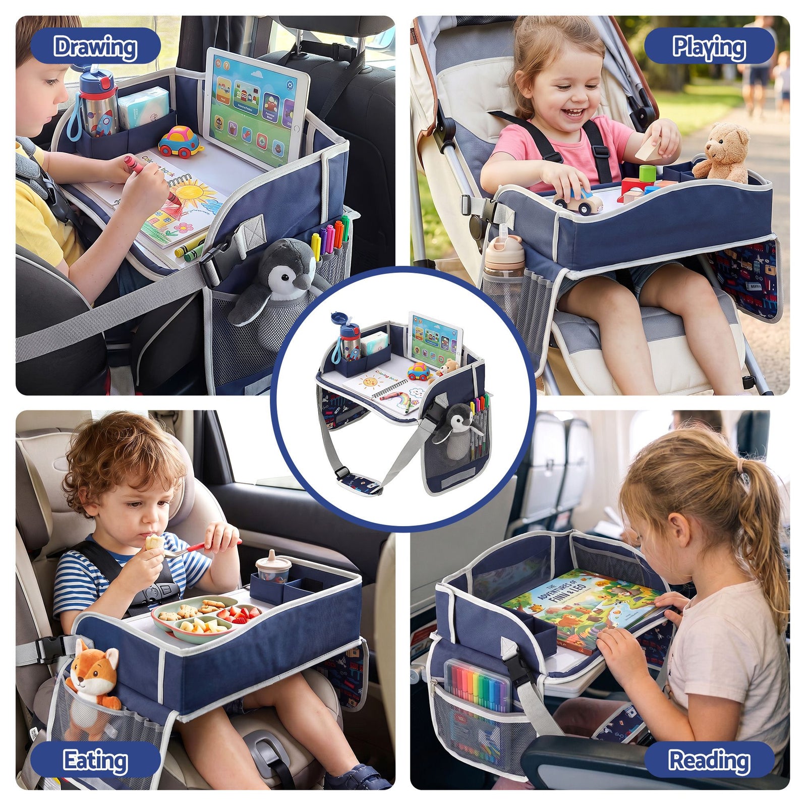 Keezi Kids Travel Tray Car Seat Lap Desk Portable Car Desk Organiser for Car & Airplane Blue