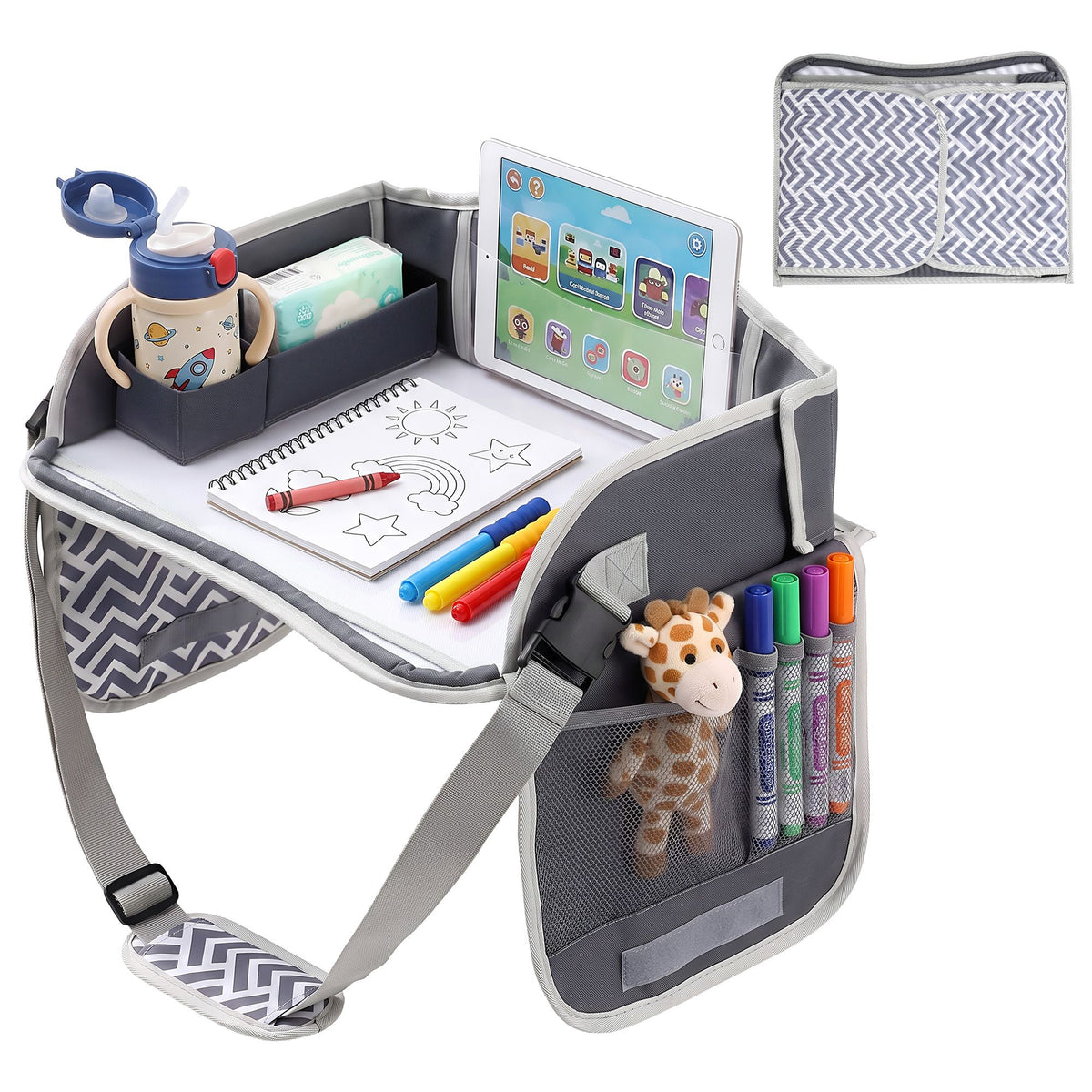 Keezi Kids Travel Tray Car Seat Lap Desk Portable Car Desk Organiser for Car &amp; Airplane Grey