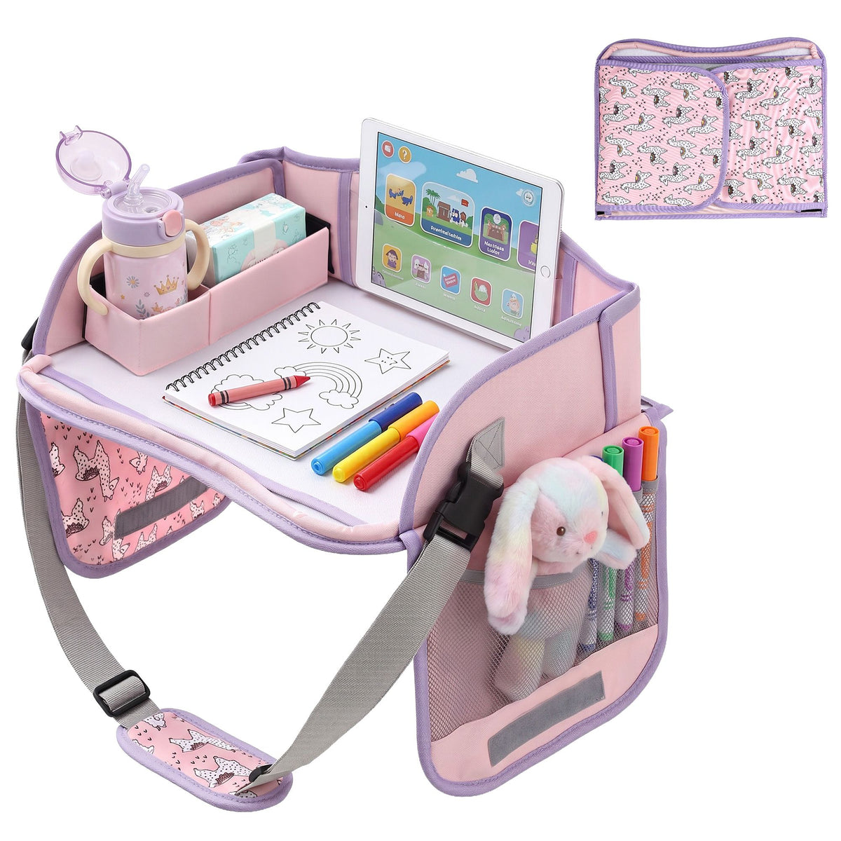 Keezi Kids Travel Tray Car Seat Lap Desk Portable Car Desk Organiser for Car &amp; Airplane Pink