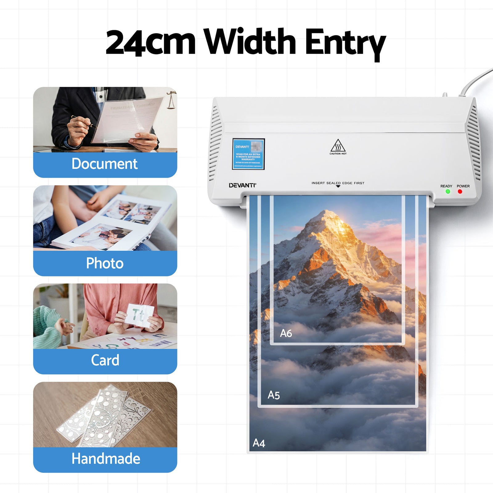 Devanti A4 Laminator Machine, Hot & Cold Thermal Fast Lamination Anti-Jam Laminator for Office School Home Document Photo Card Handmade A4 A5 A6, White