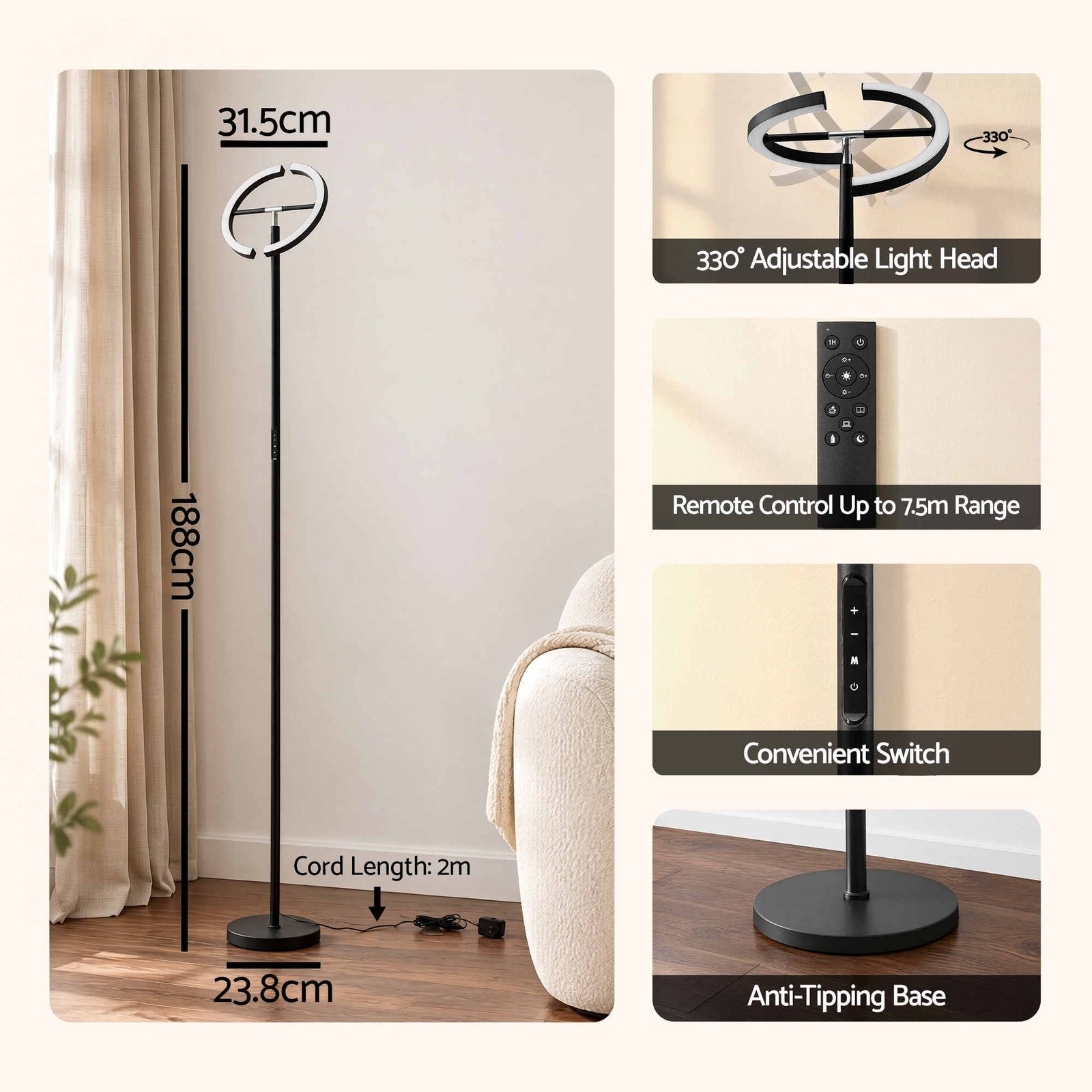 Artiss LED Floor Lamp with Dual Rotating Heads, Dimmable Light and Remote Control Black 20W
