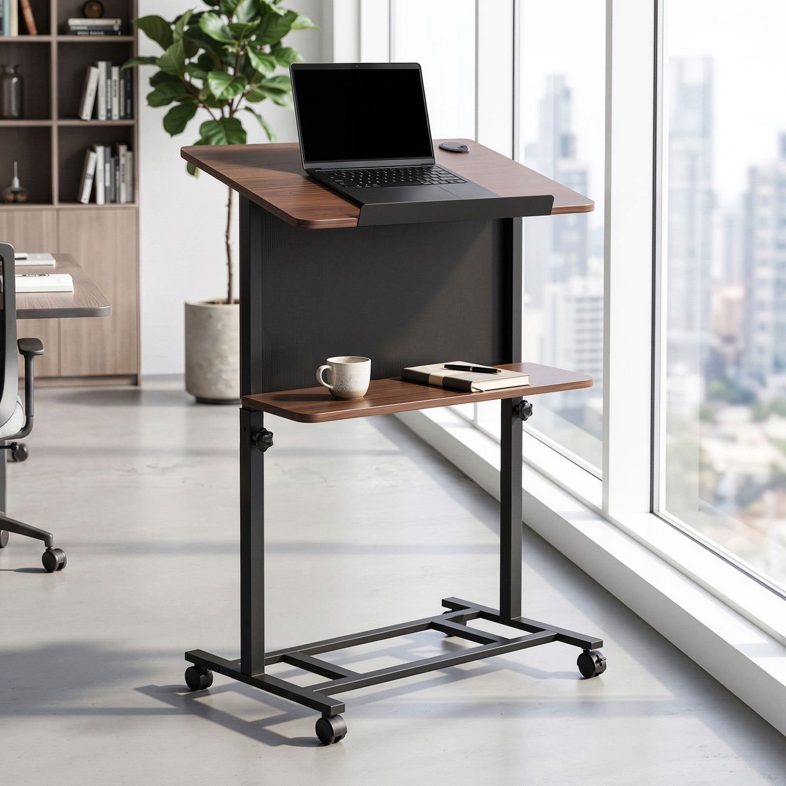 Artiss Mobile Lectern Podium Stand with Storage Shelf Height Adjustable Laptop Desk Black & Walnut