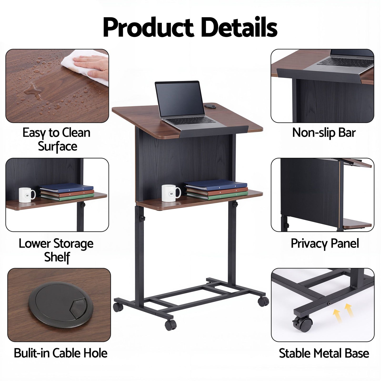 Artiss Mobile Lectern Podium Stand with Storage Shelf Height Adjustable Laptop Desk Black & Walnut