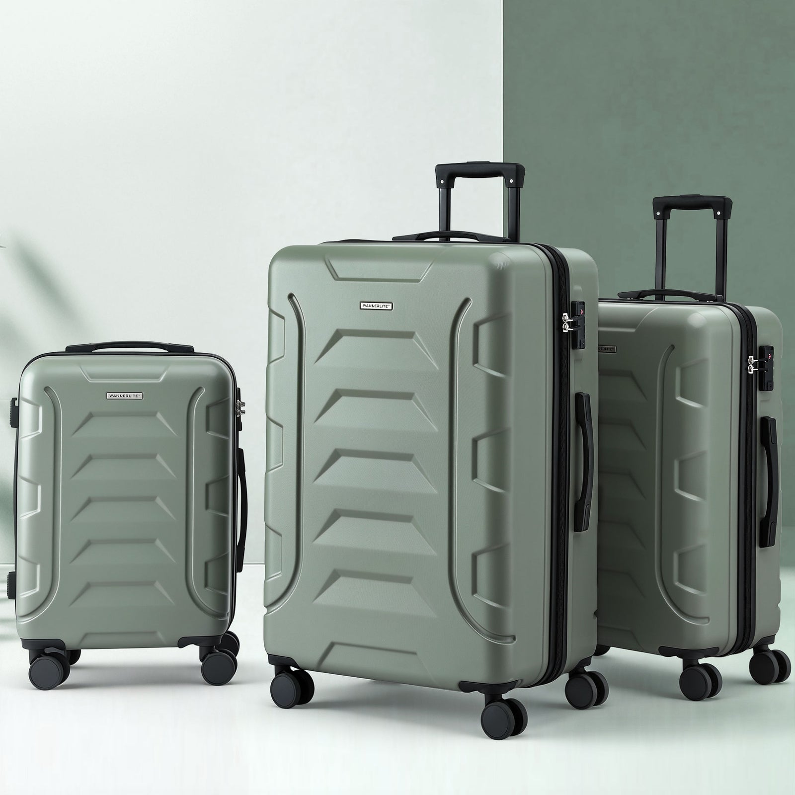 Wanderlite 3pcs Luggage Suitcase Set Trolley Travel TSA Lightweight Hard Case Grey Green