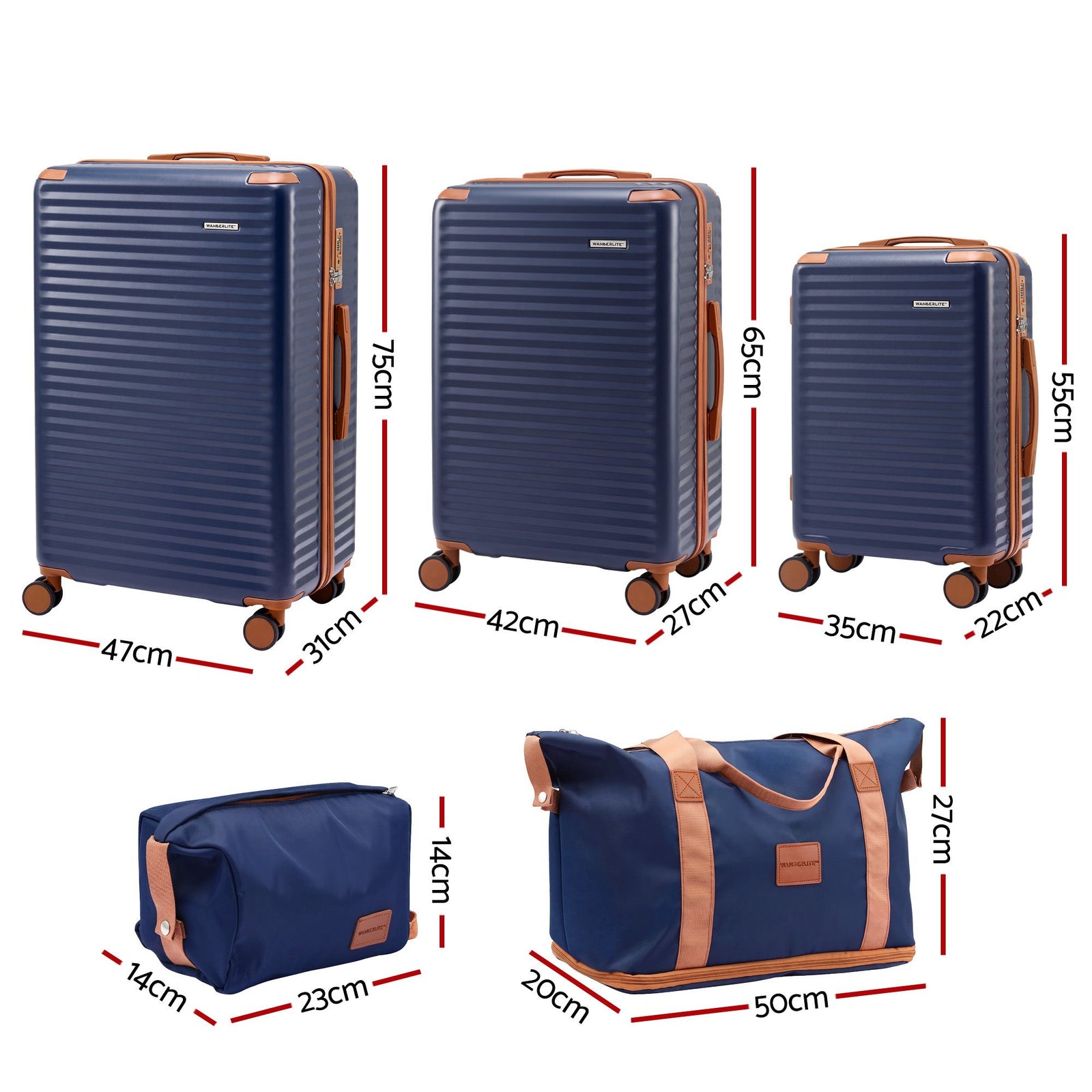 Wanderlite 5pcs Luggage Suitcase Set Trolley Travel TSA Lightweight Hard Case Navy Brown