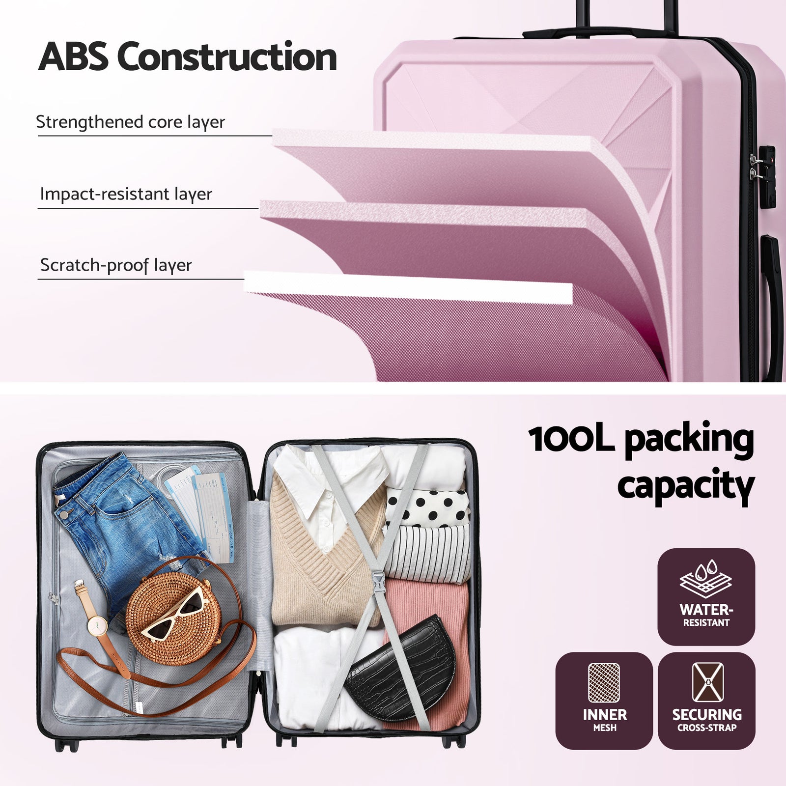 Wanderlite 28" Luggage Suitcase Trolley Travel Lightweight TSA Hardshell Pink