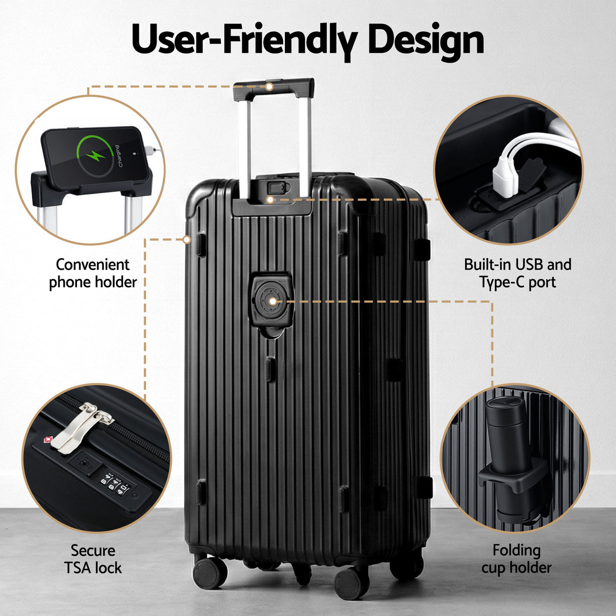 Wanderlite 28" Trunk Luggage Suitcase Travel 5 Wheels Type-C Port TSA Black