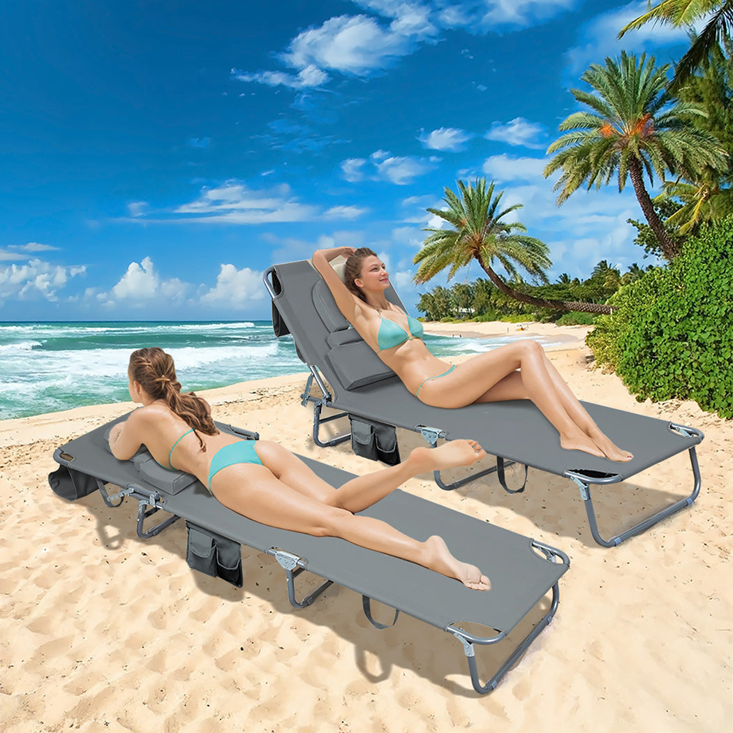 Levede Foldable Beach Lounge Chairs with Face Hole Grey-1954802423352659974