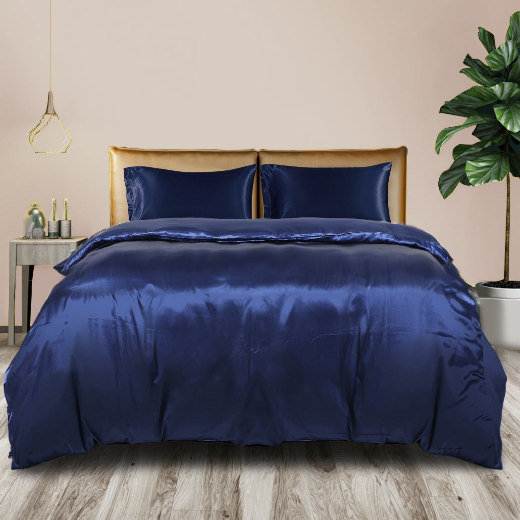 DreamZ Silky Satin Quilt Cover Set Bedspread Blue Double-1910113196962877446