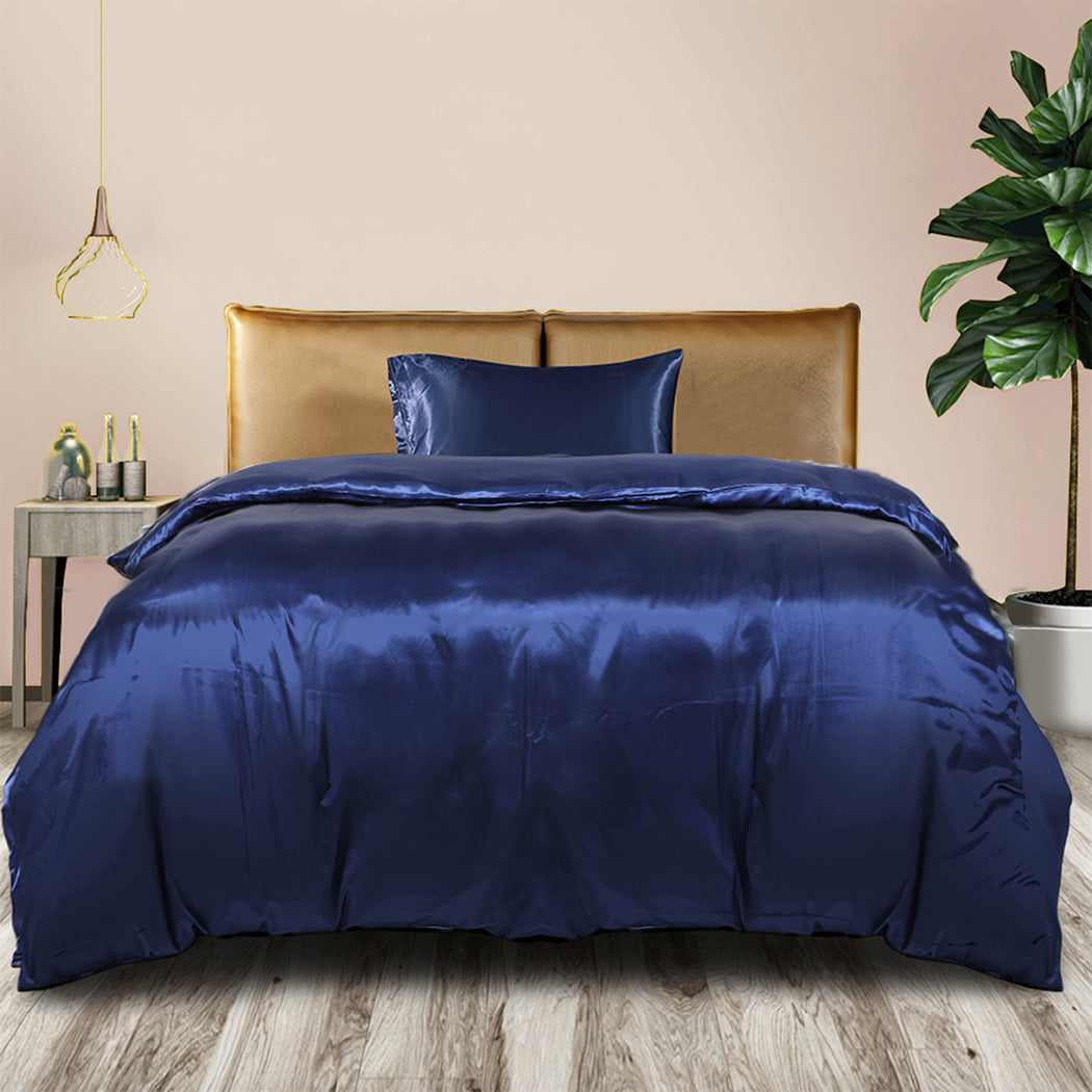 DreamZ Silky Satin Quilt Cover Set Bedspread Blue King Single-1954802915810086918