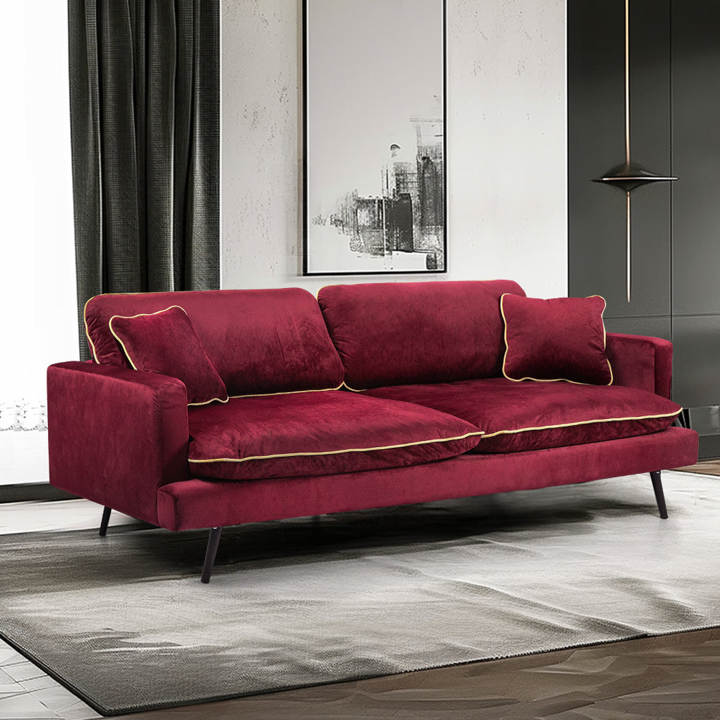 Levede Velvet Sofa Armchair 3 Seater Couch Red 210cm Wide-1919892835323219974