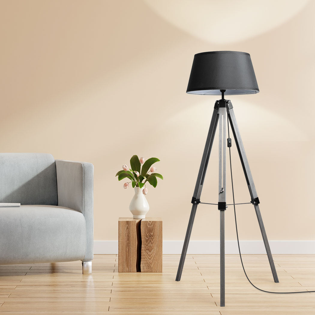 EMITTO Tripod Wooden Floor Lamp Shaded Grey-1954802835606605830
