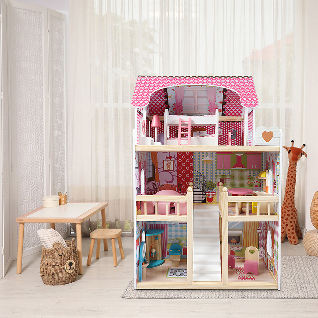 Bopeep Wooden Doll House 3 Floor Kids Girl Dollhouse Full Furniture Pink 90cm-1910113165274910726