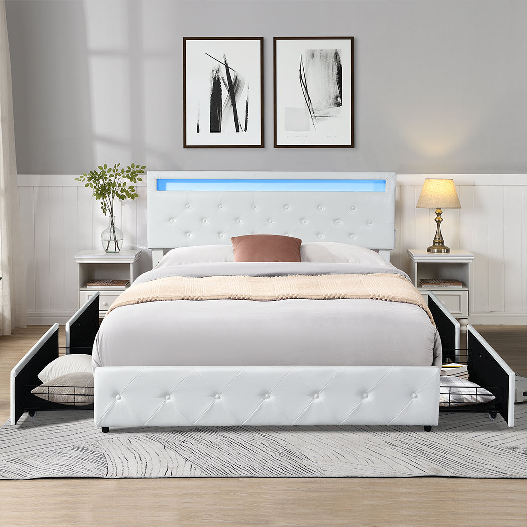 Levede Queen Bed Frame RGB LED PU 4 Drawer USB-1954802932943818758