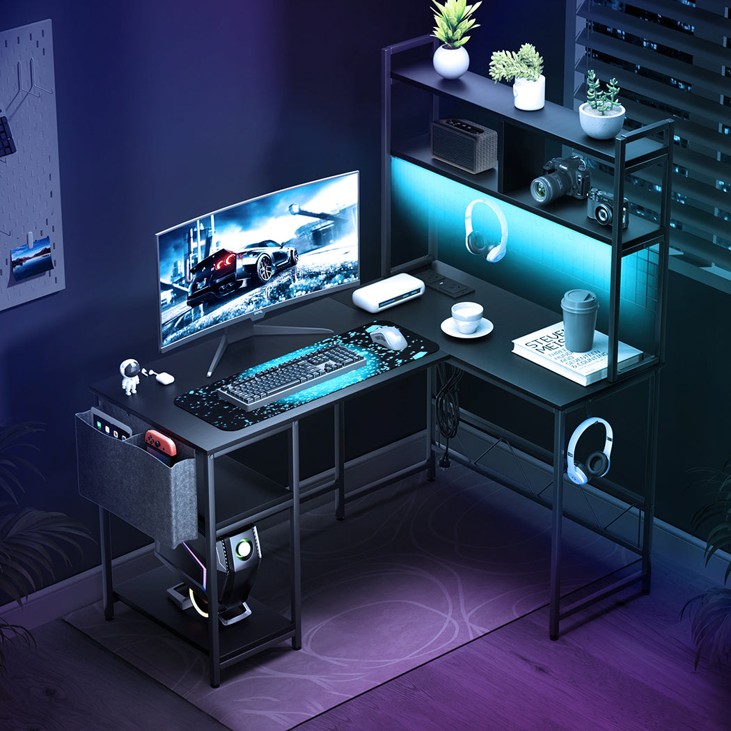 Levede L Shaped Gaming Desk with LED Lights Black-1973193573763518471