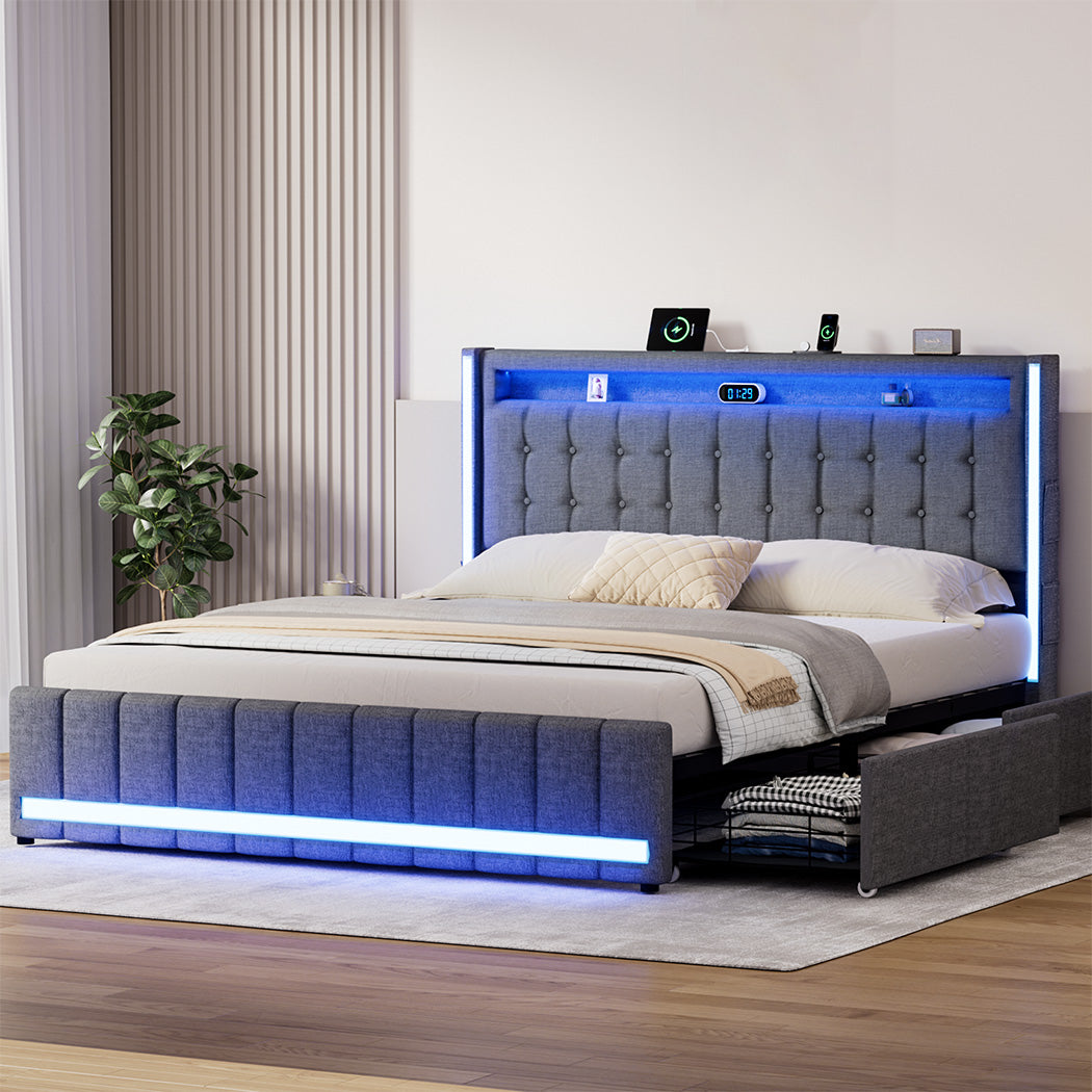 Levede King Bed Frame Fabric Storage Drawer LED USB-1973194180704473094