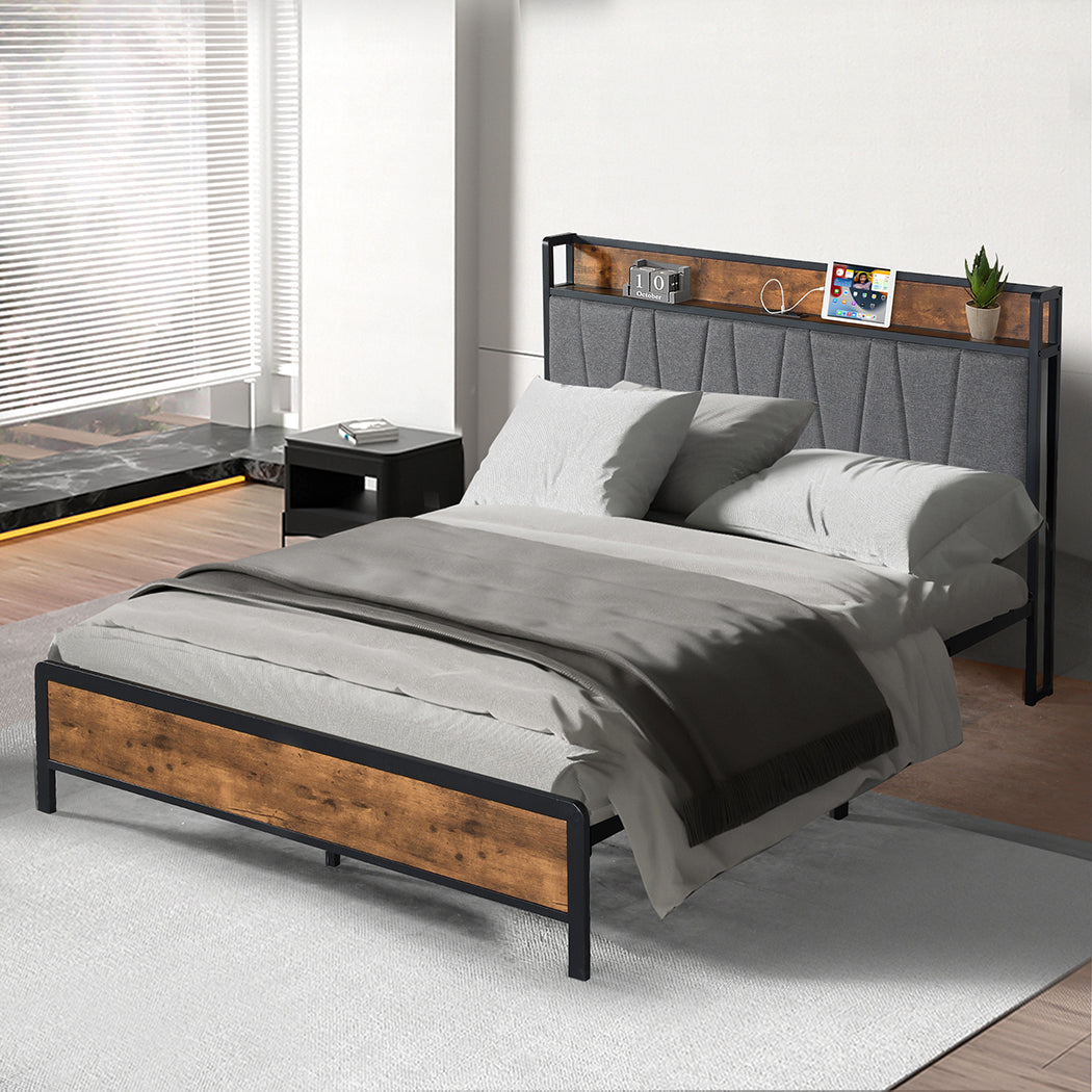 Levede Double Bed Frame Tufted Headboard USB Charge-1954802376699416582