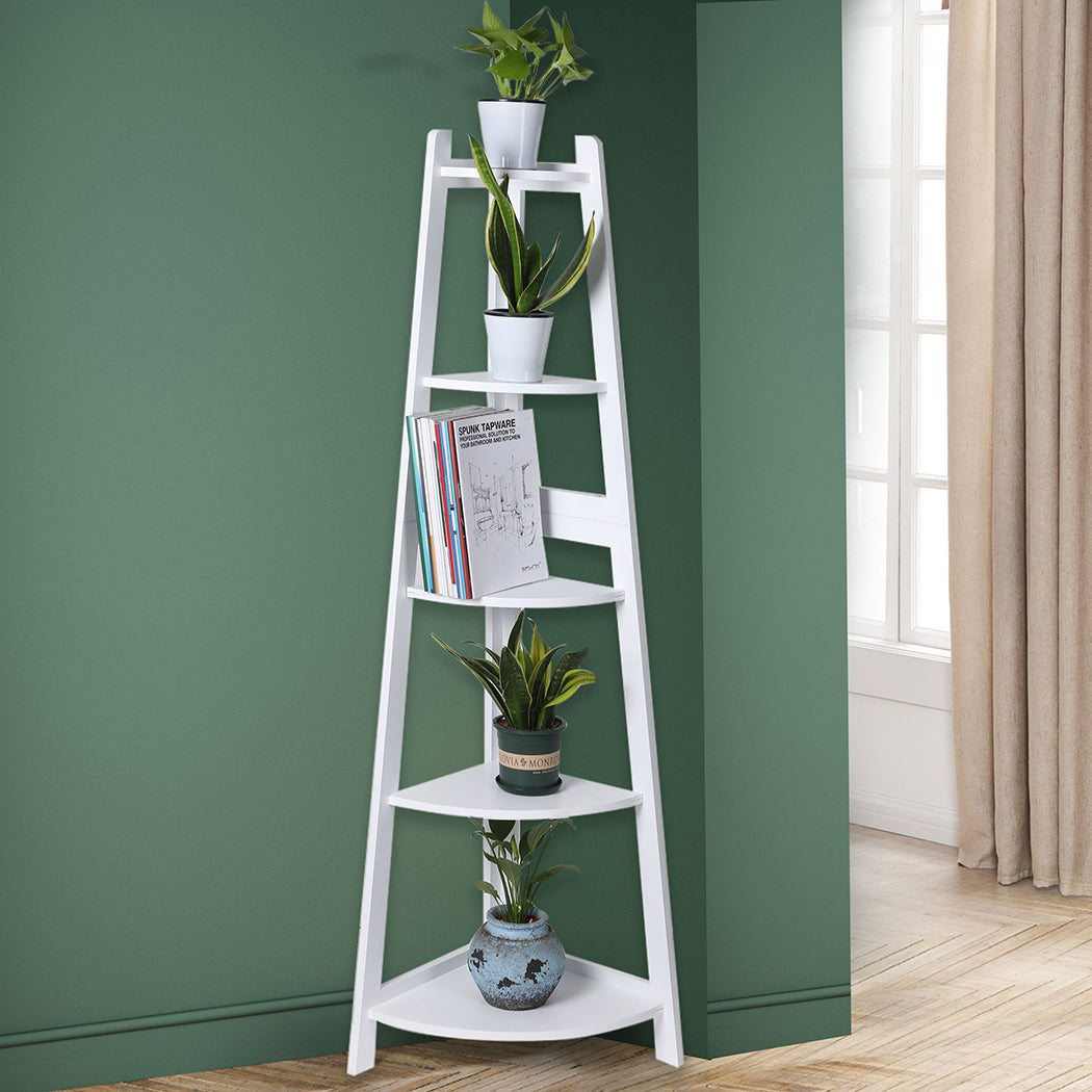 Levede 5 Tier Corner Shelf Wooden Storage White-1954802946059407367