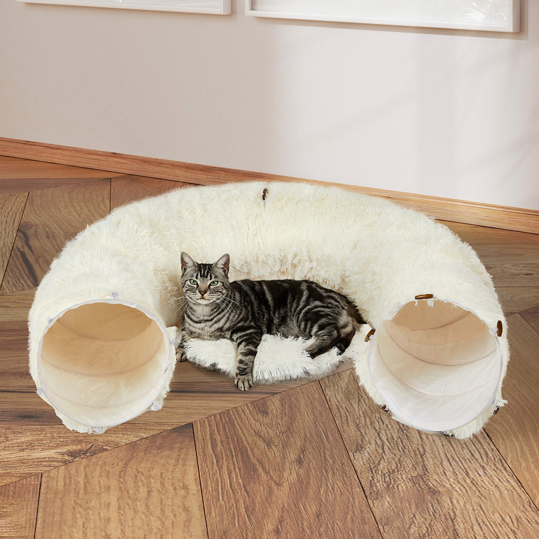 Pawz Cat Tunnel Foldable Fluffy Plush Play Tube Beige-1954802453568425991