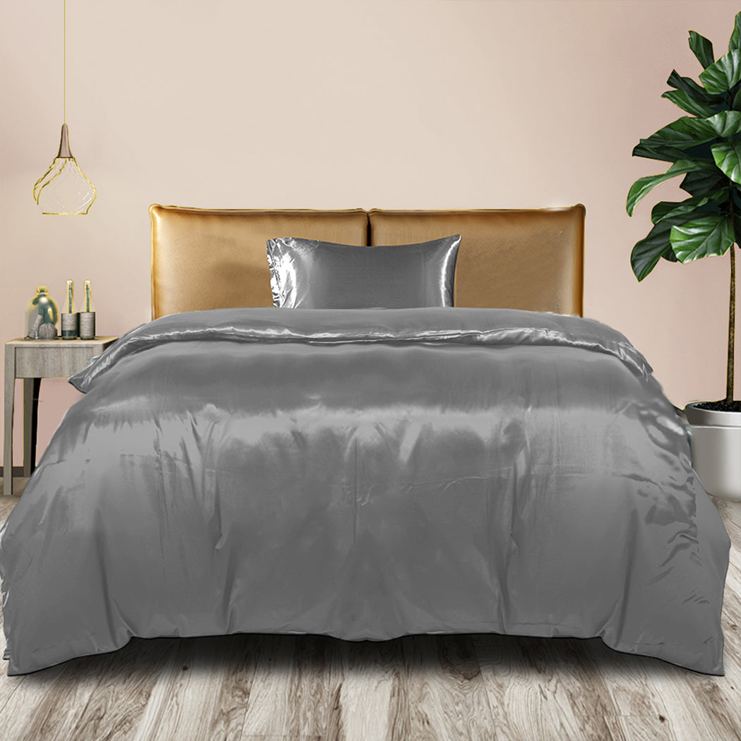 DreamZ Silky Satin Quilt Cover Set Bedspread Dark Grey King Single-1954802916015607814
