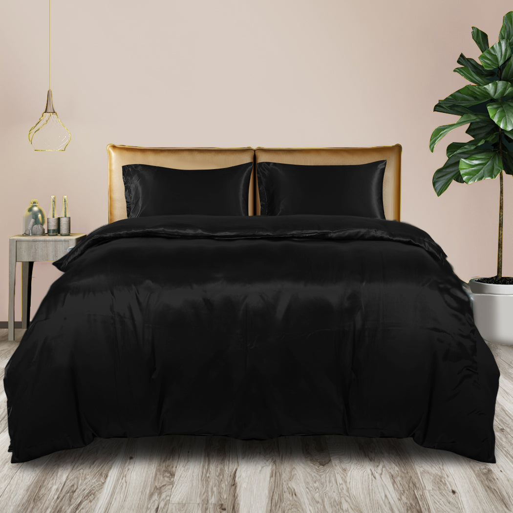 DreamZ Silky Satin Quilt Cover Set Bedspread Black Queen-1910113198250528774