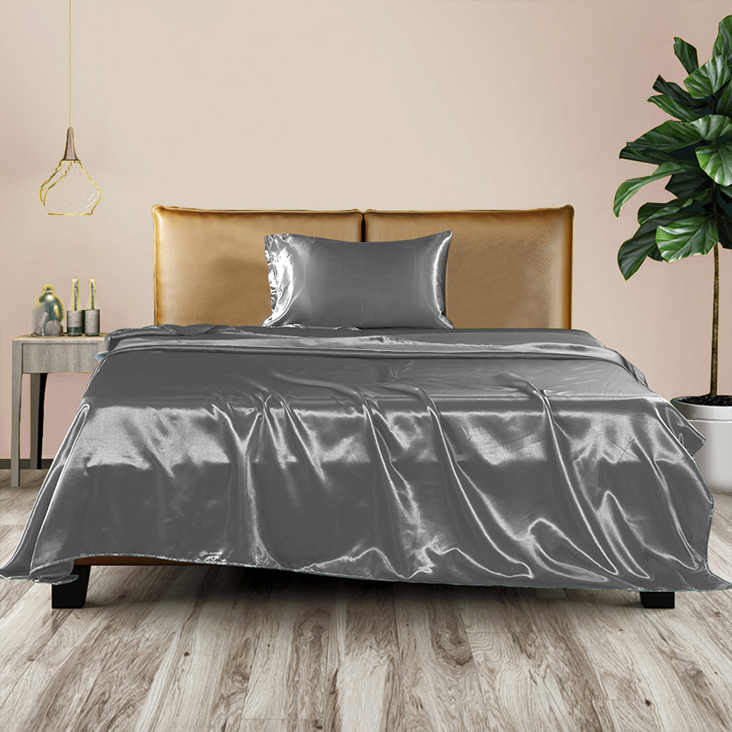 DreamZ Silky Satin Sheets Fitted Flat Single Grey Dark Grey-1954802915172552710