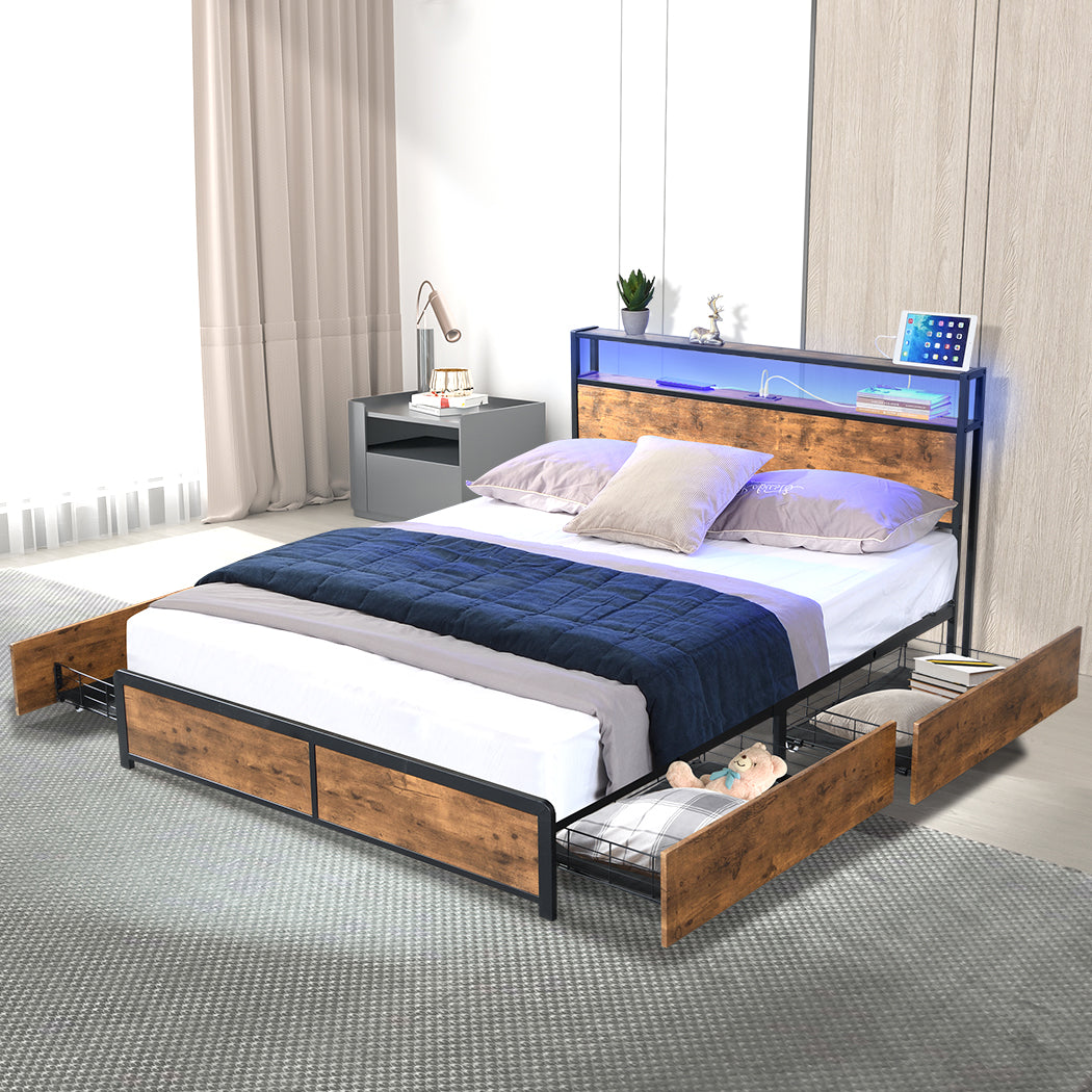 Levede Double Bed Frame RGB LED 4 Drawers USB-1954802376900743174