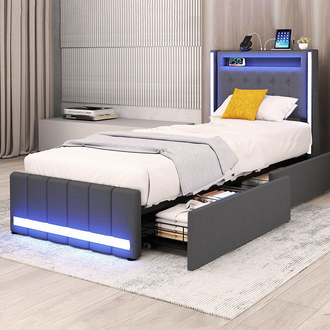 Levede Single Bed Frame Fabric Storage Drawer LED USB-1973194180901605382